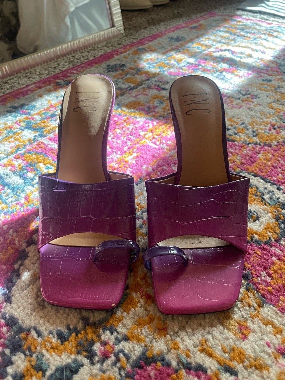 INC International Concepts Purple Croc-Embossed Slide Mules with Toe Loop